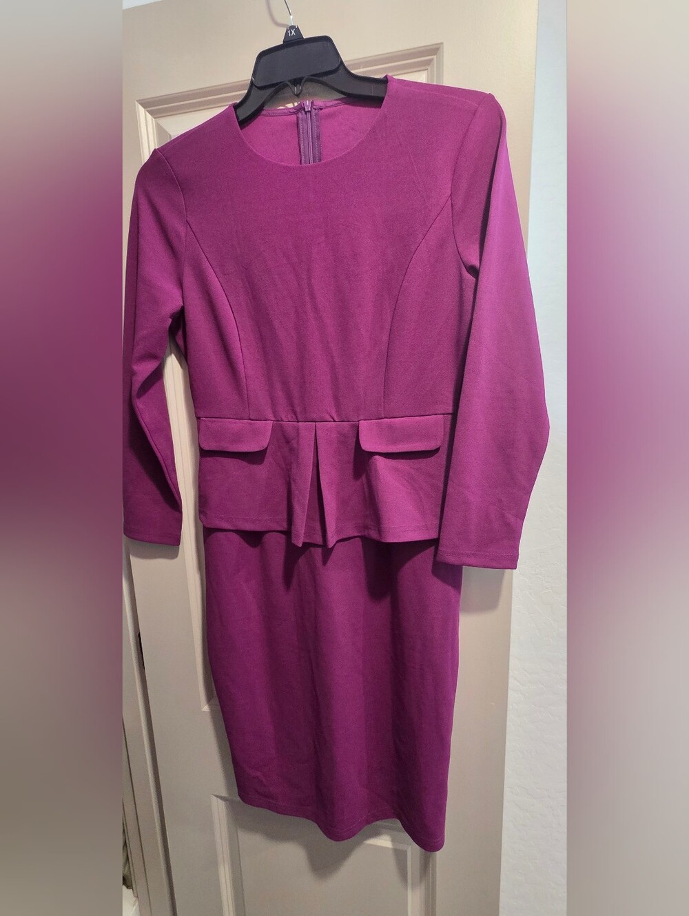 Women's Long-Sleeve Peplum Dress in Deep Magenta